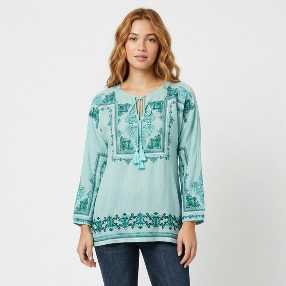 Johnny Was Margot Blouse Top Womens L Marine Blue Embroidered Tie Split V-Neck
